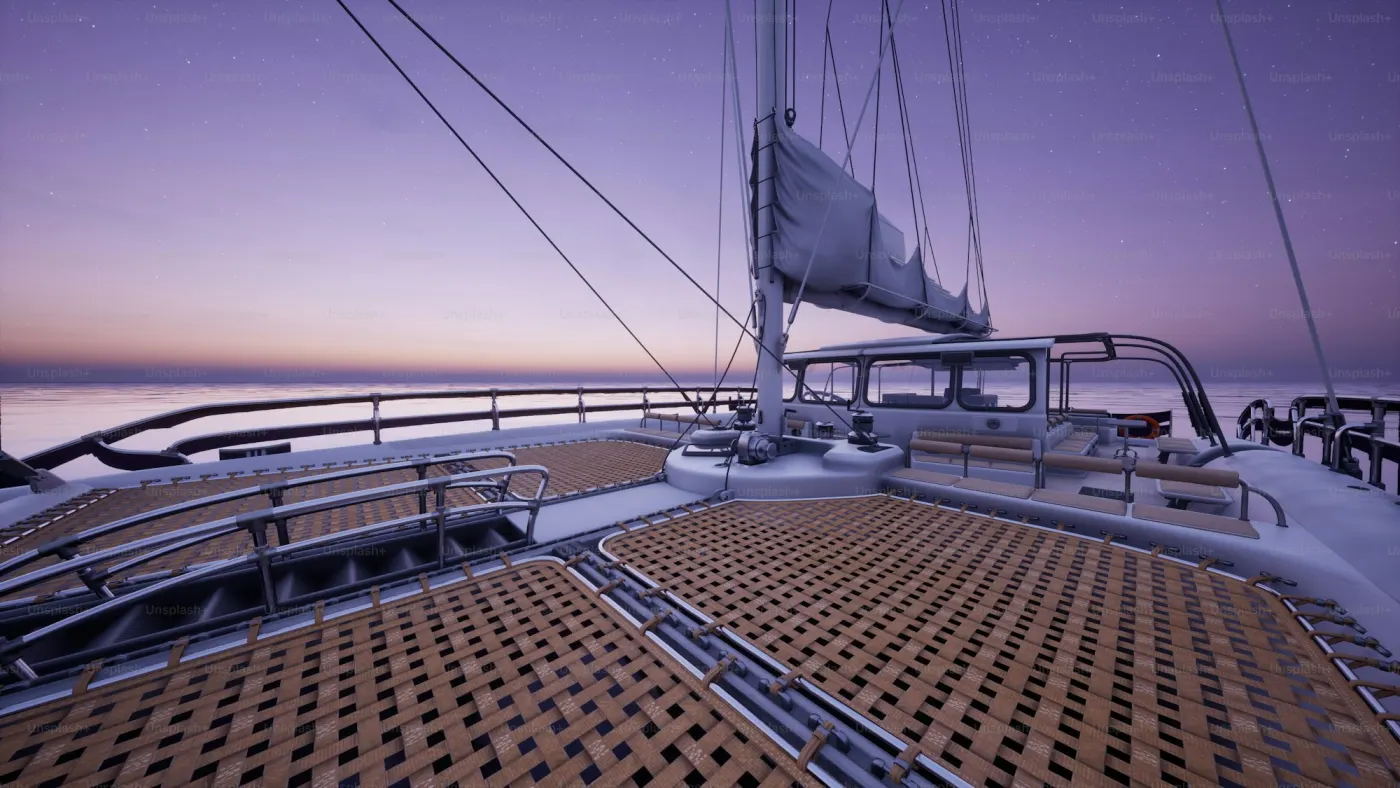 The deck of a sailing boat at dusk